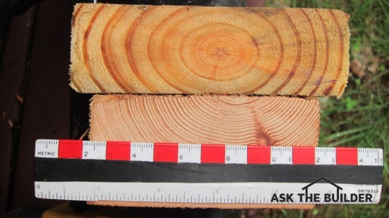 The piece of lumber on the top was harvested from the forest in 2013. The one on the bottom was taken from the slopes of the Rocky Mountains just after the end of the Civil War or War of Northern Aggression. Photo Credit: Tim Carter