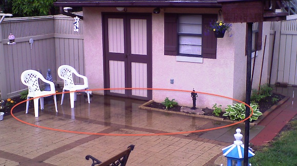 Here's Joe's shed. The red oval shows you the ponding water. This needs to be STOPPED immediately. Photo credit: Joe Rossetti