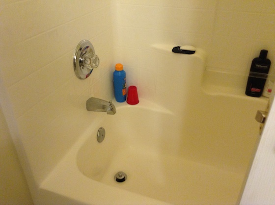 This smaller tub is going to be replace with a nice soaking tub. Photo credit: Mary Rosevelt