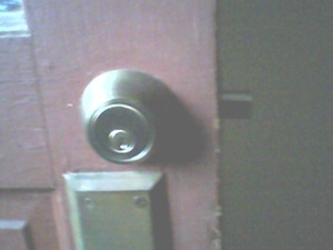 This is Terry's deadbolt. You can see the bolt sticking out of the edge of the door. Photo credit: Terry Shirley