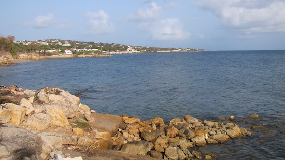 You're looking west from the shore at Hodges Bay, Antigua. Photo credit: Tim Carter