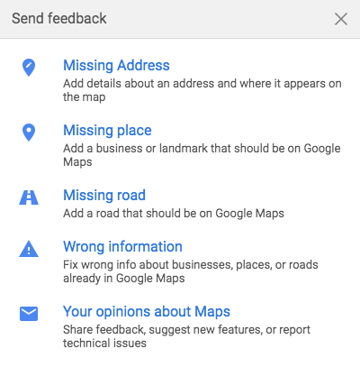 Google Maps Feedback Choices