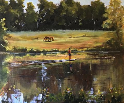 oil painting river horses boy on raft