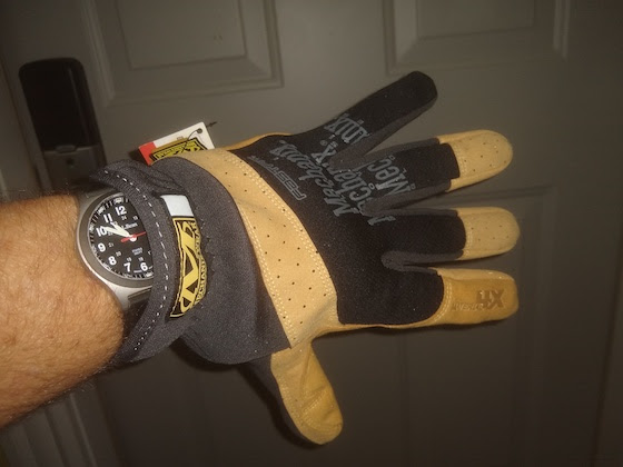 leather work glove on hand